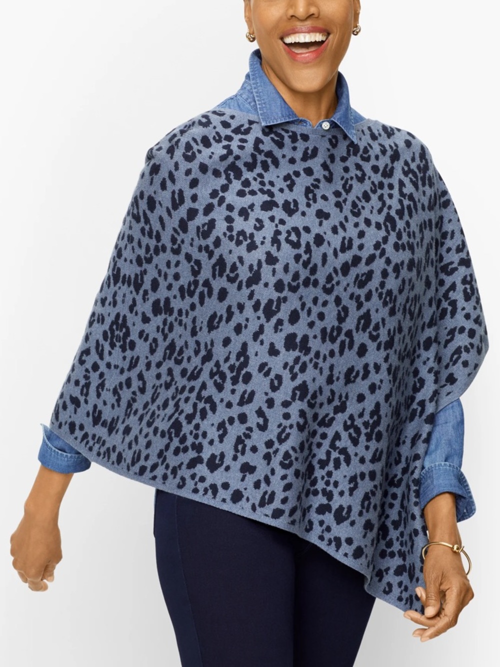 Talbots Sz XS/S Blue Leopard Print Knit Cotton Modal Asymmetrical Sweater Poncho